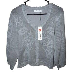 Kate Kasin Womens Light Blue Floral Mesh Knit Scalloped Cardigan Sweater L NWT